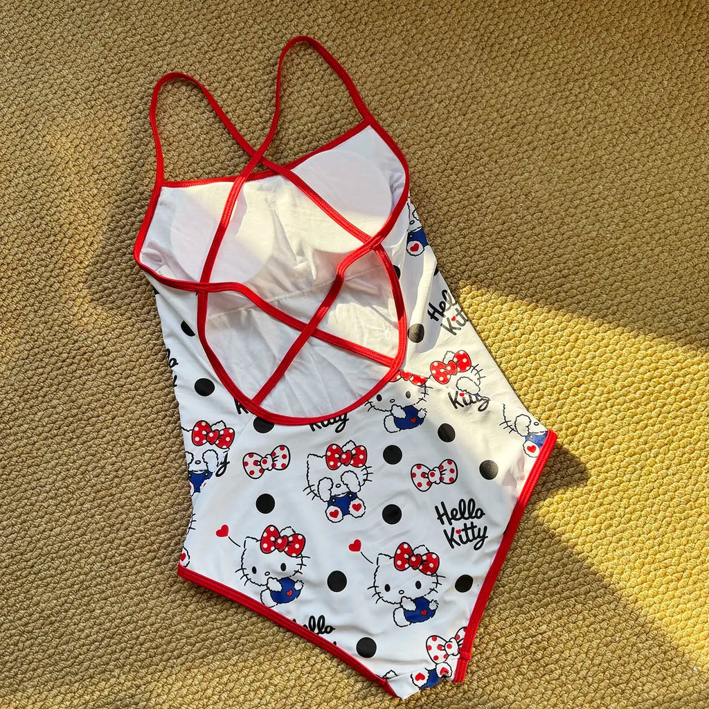Anime Cute Kawaii Sanrio Hello Kitty One Piece Racing Swimsuit Backless Sports Training Swimwear Double Layer No Water Retention