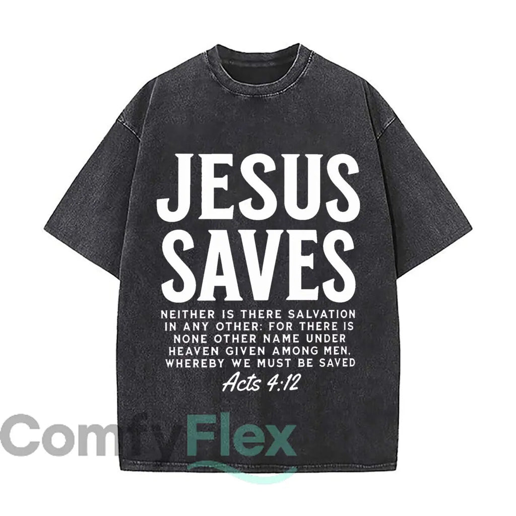 Good News Jesus Saves Christian Bible Verse Washed Vintage Short Sleeve Loose Streetwear Tee - Desert aura