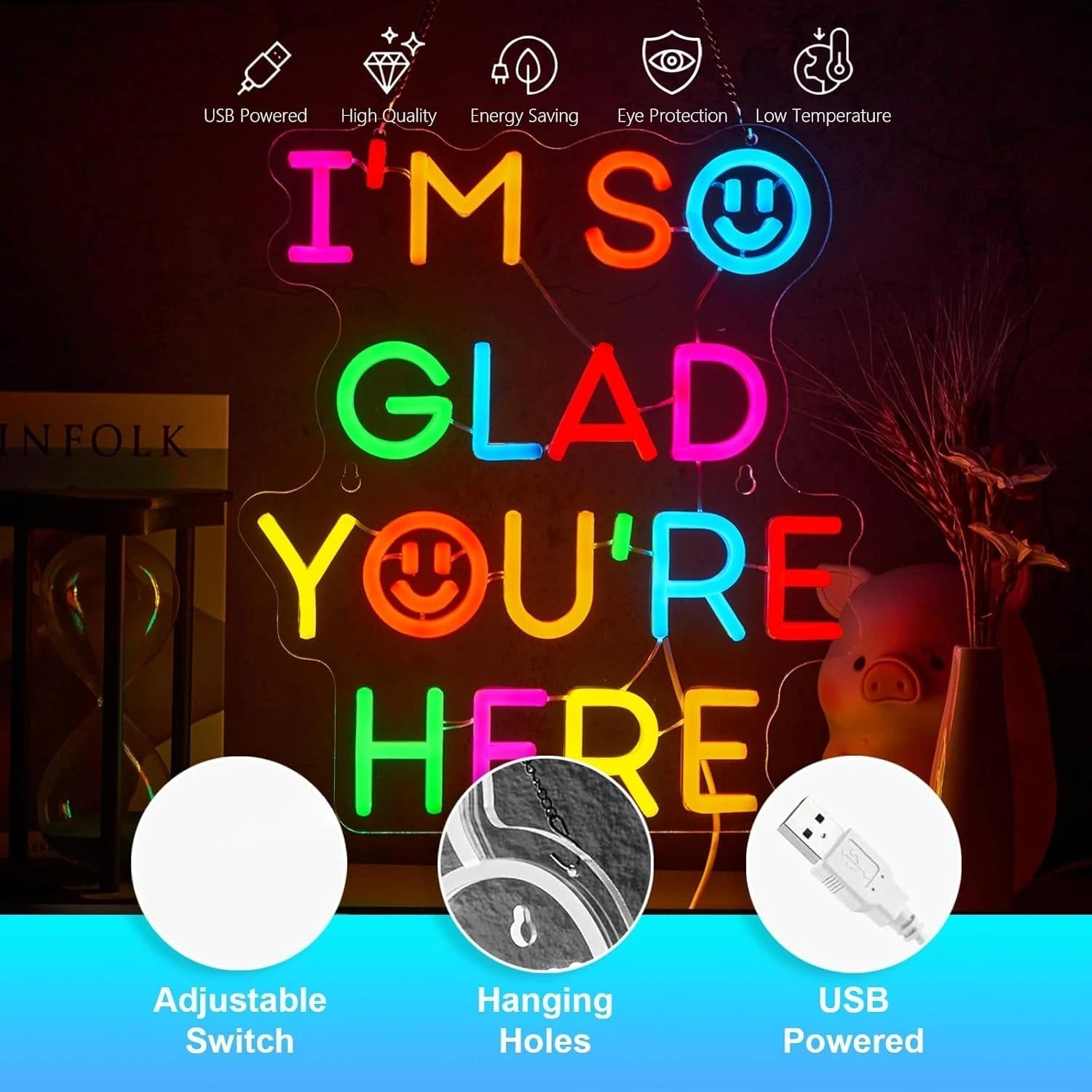  I'm So Glad You‘re Here Neon Sign USB Powered LED Light for Bar Party Kids Room Gaming Room Bedroom Decoration Art Wall Light - Desert aura