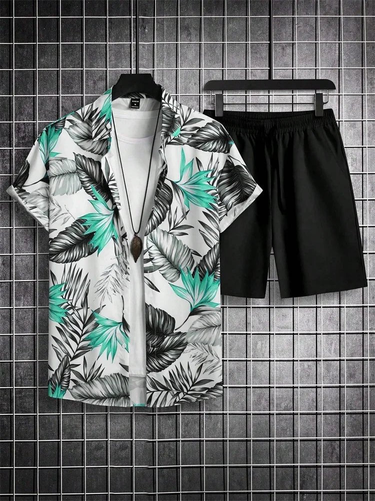 Men's Short-sleeved Shirt Set Artistic And Simple Style Plant Print Solid-color Shorts Casual Fashionable And Daily - Desert aura