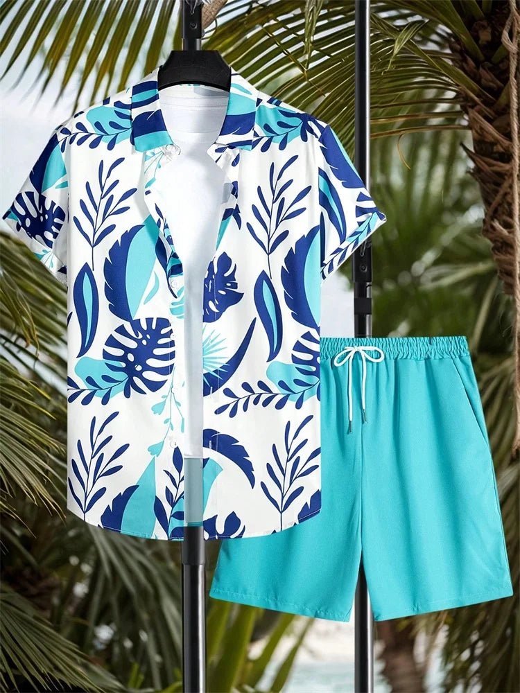 Men's Short-sleeved Shirt Set Artistic And Simple Style Plant Print Solid-color Shorts Casual Fashionable And Daily - Desert aura