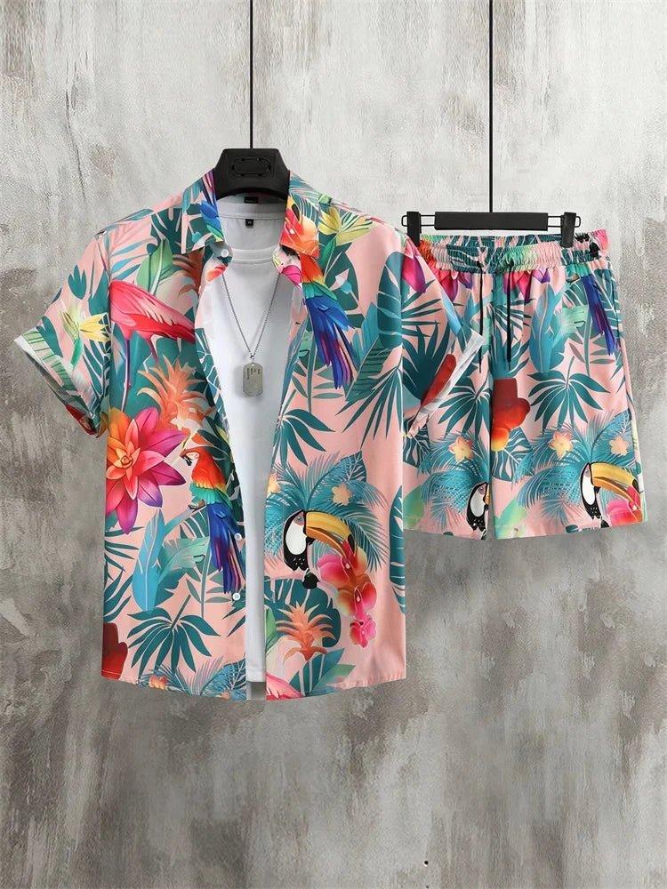 Men's Short-sleeved Shirt Set Artistic And Simple Style Plant Print Solid-color Shorts Casual Fashionable And Daily - Desert aura