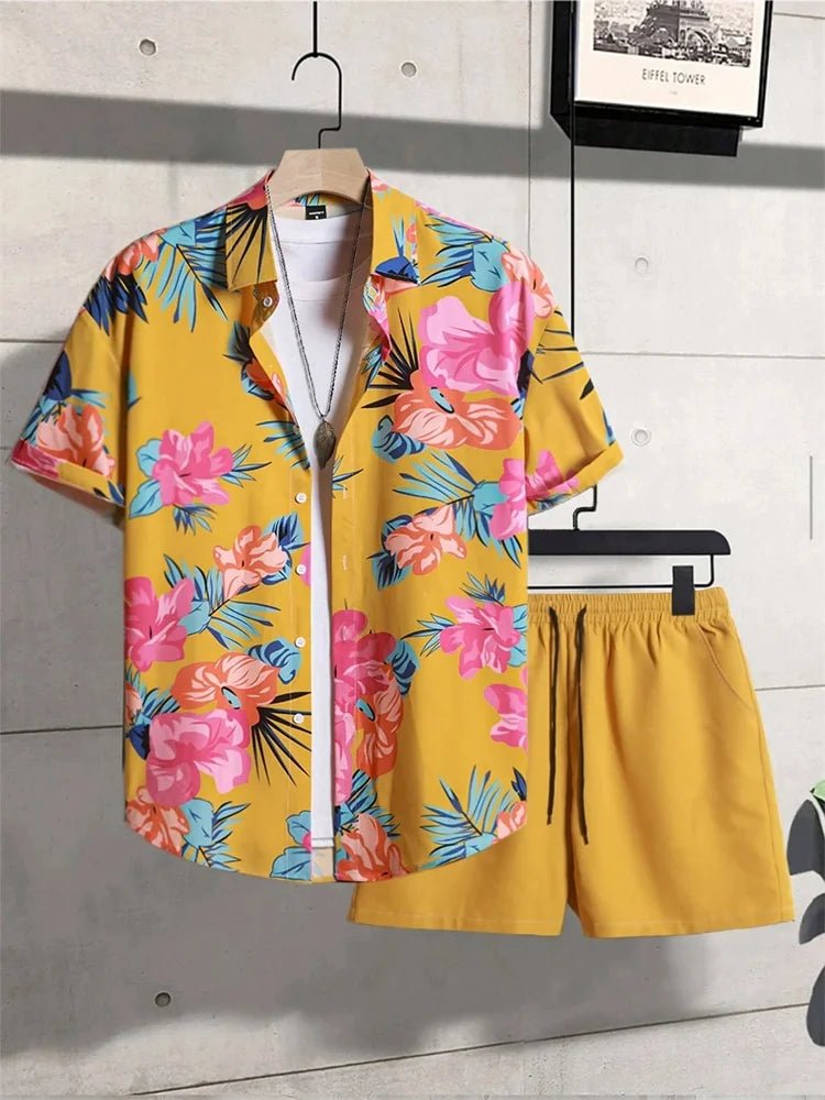 Men's Short-sleeved Shirt Set Artistic And Simple Style Plant Print Solid-color Shorts Casual Fashionable And Daily - Desert aura