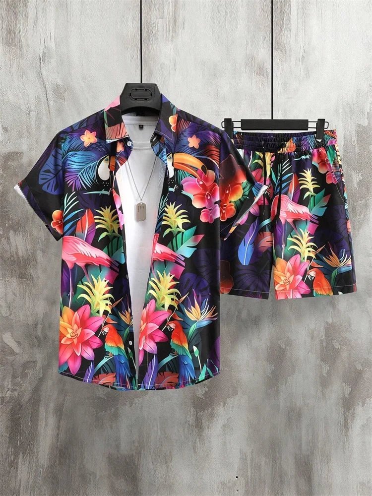 Men's Short-sleeved Shirt Set Artistic And Simple Style Plant Print Solid-color Shorts Casual Fashionable And Daily - Desert aura