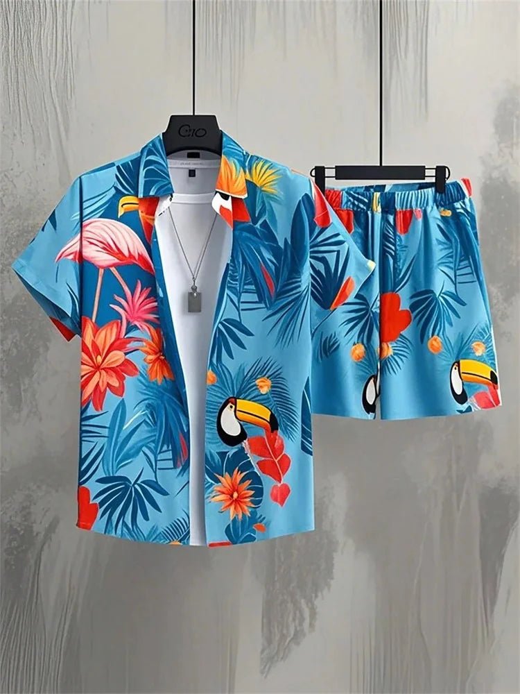 Men's Short-sleeved Shirt Set Artistic And Simple Style Plant Print Solid-color Shorts Casual Fashionable And Daily - Desert aura