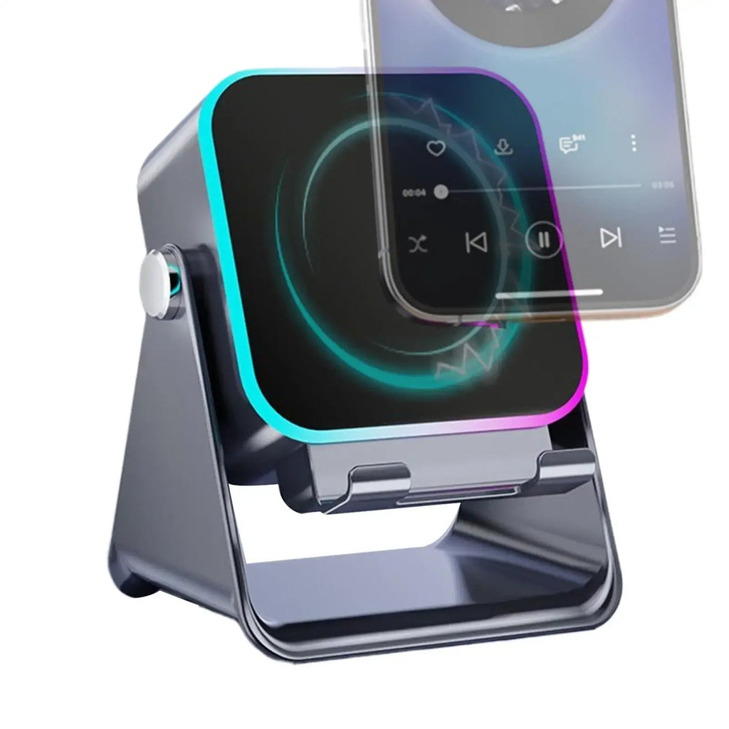 Phone Stand with Speaker Foldable Smartphone Bracket with Light 10W Phone Holder Wireless Charger Speaker for Home Office Travel - Desert aura
