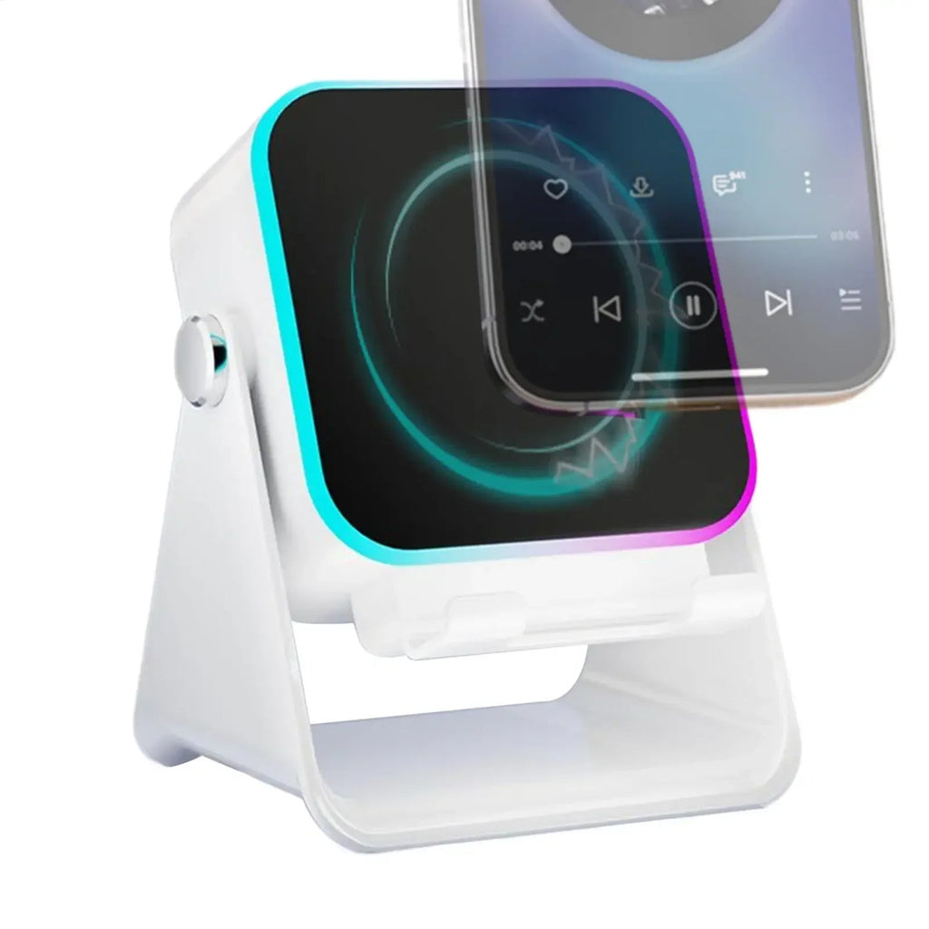 Phone Stand with Speaker Foldable Smartphone Bracket with Light 10W Phone Holder Wireless Charger Speaker for Home Office Travel - Desert aura