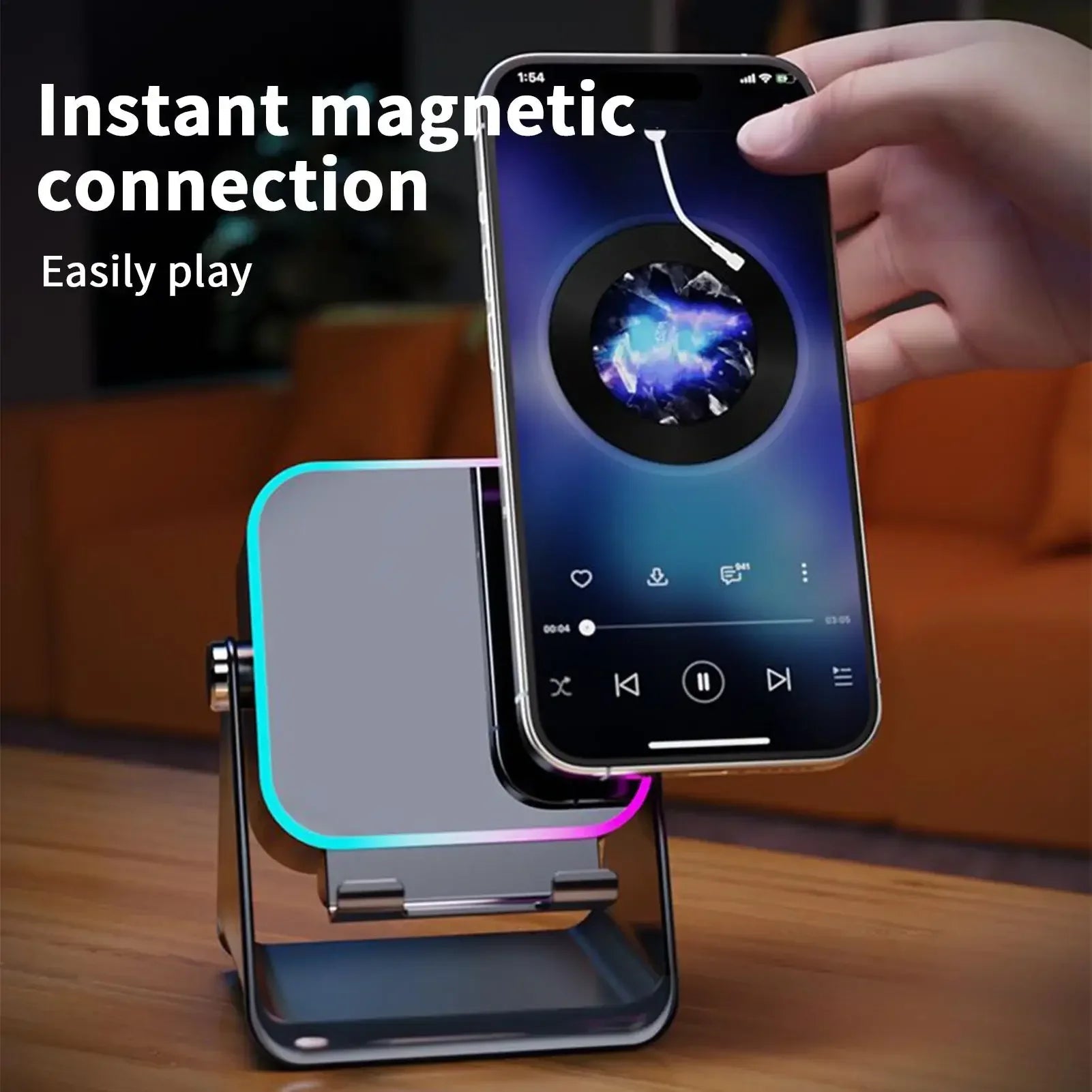 Phone Stand with Speaker Foldable Smartphone Bracket with Light 10W Phone Holder Wireless Charger Speaker for Home Office Travel - Desert aura