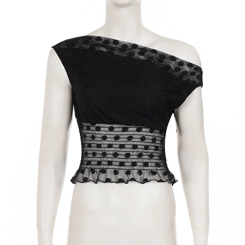 SUCHCUTE Y2k Polka Dot Skew Collar Short Sleeve Slim Waist Top Women Sexy Ruched T-Shirt Summer Streetwear Tees Korean Coquette - Desert aura