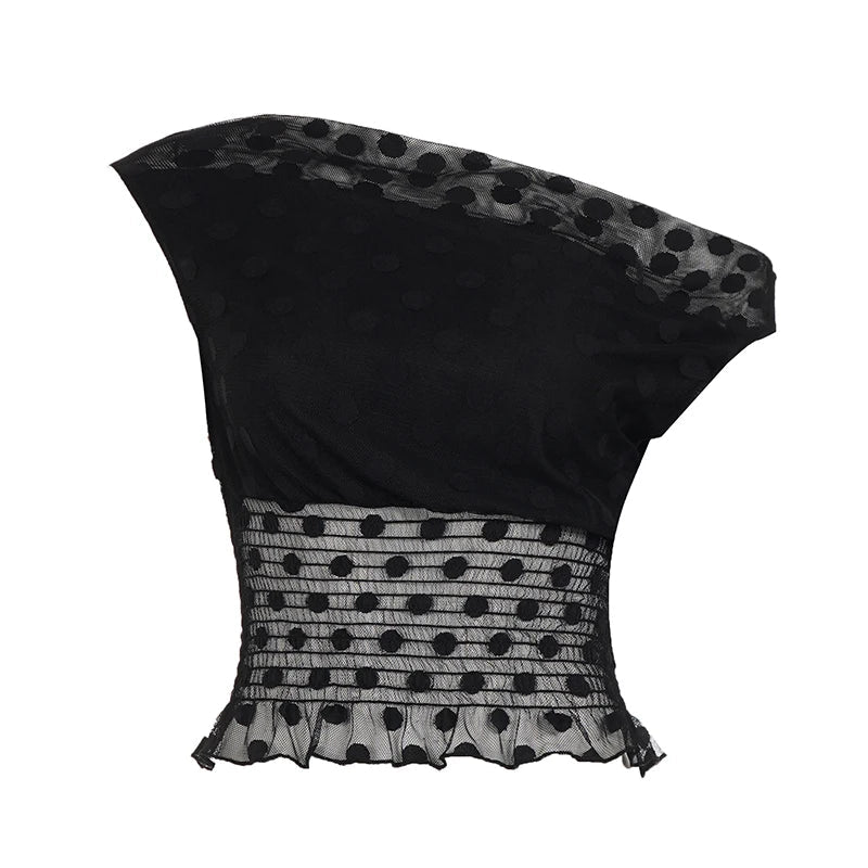 SUCHCUTE Y2k Polka Dot Skew Collar Short Sleeve Slim Waist Top Women Sexy Ruched T-Shirt Summer Streetwear Tees Korean Coquette - Desert aura