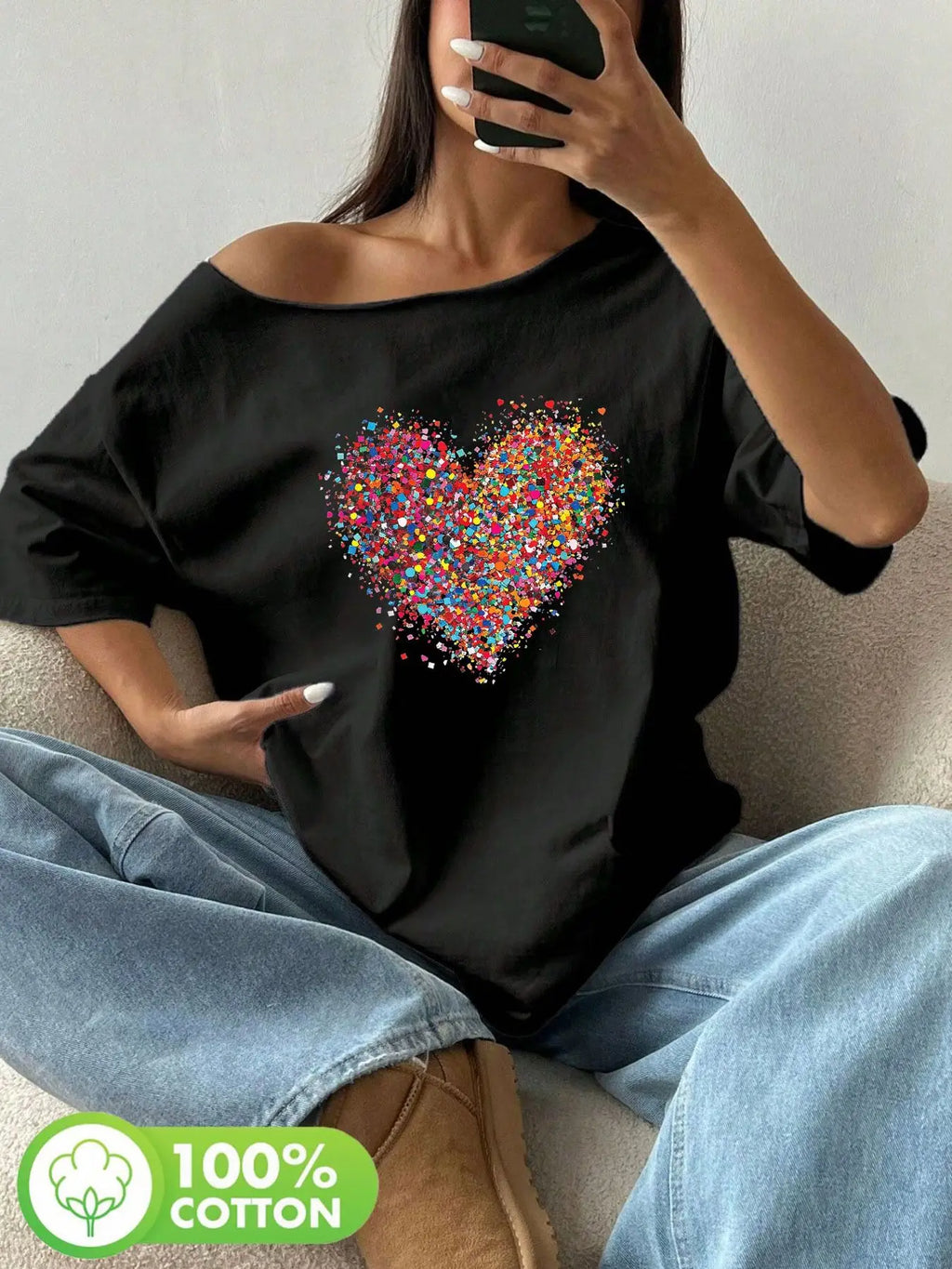 Plus Size 100% Cotton Shoulder Loose Print T-Shirt Oversized Y2K Style Graphic Tees Women Tops Summer Off The Shoulder Top